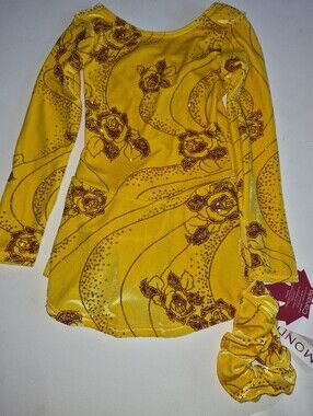 Mondor Girl Sparkle Yellow Golf Floral Long-Sleeve Figure Skating Dress 4-6 NWT